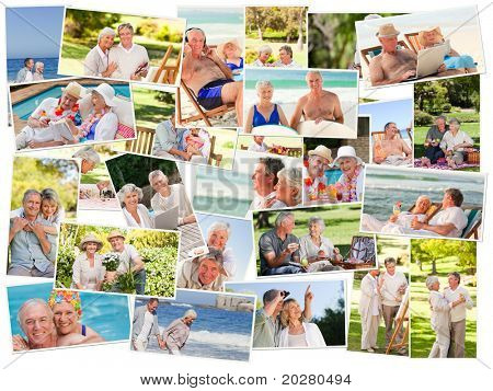 Collage de senior couples passer du temps ensemble à l'extérieur