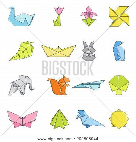 Origami icons set. Carrtoon illustration of 16 origami vector icons for web