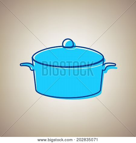 Pan sign. Vector. Sky blue icon with defected blue contour on beige background.
