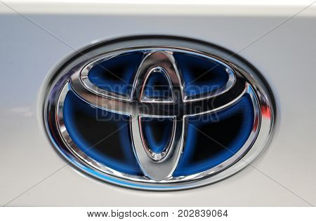CRACOW POLAND - MAY 20 2017: Toyota metac logo closeup on the Toyota car displayed at 3rd edition of MOTO SHOW in Cracow Poland. Exhibitors present most interesting aspects of the automotive industry