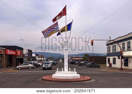 Dawson Creek, Canada, 2017.07.10: The «Mile 0 Post» marks the beginning of the Alaska Highway in Dawson Creek in Canada.