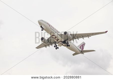 PRAGUE CZECH REPUBLIC - SEPTEMBER 03 2017: Airbus A330 of Quatar Airlines Cargo taking off from Prague airport. This aircraft has registration A7-AFV