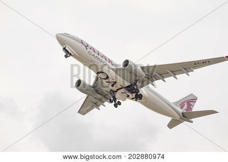 PRAGUE CZECH REPUBLIC - SEPTEMBER 03 2017: Airbus A330 of Quatar Airlines Cargo taking off from Prague airport. This aircraft has registration A7-AFV