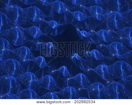 Blue glowing gravitational waves in space computer generated abstract background 3D rendering