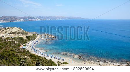 Faliraki nudist beach panorama at Rhodos island, Greece
