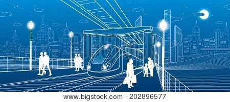 Infrastructure and transport illustration. Monorail railway. People walking under flyover. Crosswalk. Train move. Modern night city. Towers and skyscrapers. White lines. Vector design art
