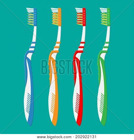 Toothbrush in different colors. Tooth brush dental equipment. Hygiene and oralcare. Vector illustration in flat style