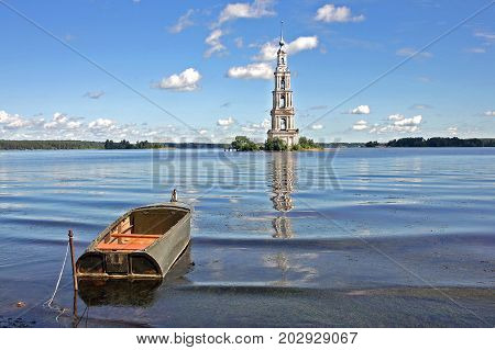 Kalyazin Russia - 20 July 2017: Flooded Belfry is a part of the flooded church and the most eye-catching landmark of Kalyazin. Golden Ring of Russia