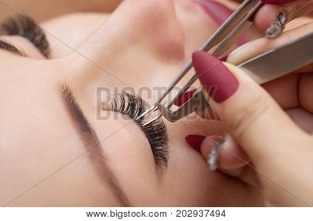Eyelash Removal Procedure Close Up. Beautiful Woman With Long Lashes In A Beauty Salon. Eyelash Exte