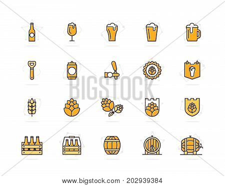 Set of vector beer and bar, pub colored line icons. Alcohol, bottle, mug, barley, hop, barrel, ale, froth, keg, beaker, jar and more. Editable Stroke.