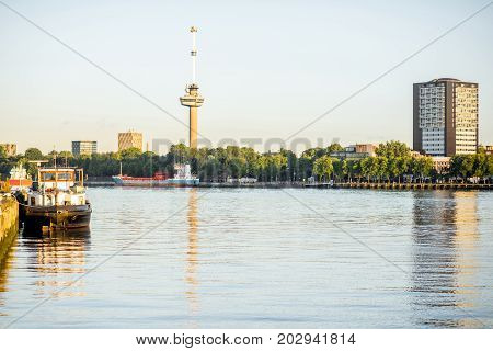 Riverside view with Euromast tower during the morning in Rotterdam city