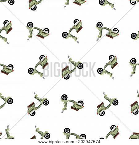 Seamless hipster pattern with retro motorcycle in white color. Modern fashionable background with vintage scooter. Cartoon hand draw style