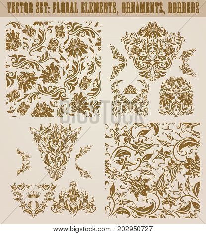 Set of gold damask seamless ornaments. Floral elements, corners, ornate borders, filigree crowns, arabesque for design. Page, web royal decoration on background in vintage style. Vector illustration.
