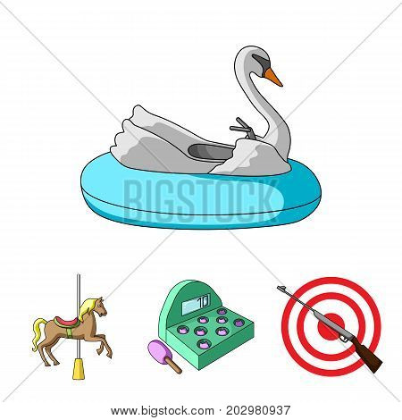 A game with a bat, a target with a gun, a horse on a carousel, a swan attraction. Amusement park set collection icons in cartoon style vector symbol stock illustration .