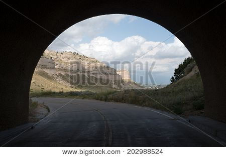 Scotts Bluff Nebraska looking thru road tunnel