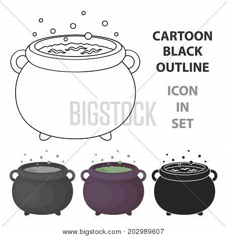 Witch's cauldron icon in cartoon style isolated on white background. Black and white magic symbol vector illustration.