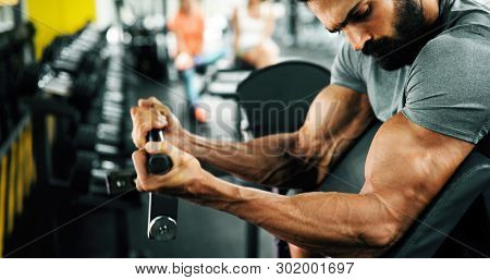 Muscular Bodybuilder Guy Doing Exercises In Gym