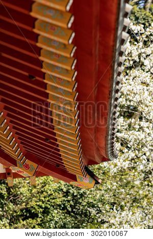 Japanese Traditional Architecture. The Elegant Construction Of The Japanese Temple Of Red And Gold B