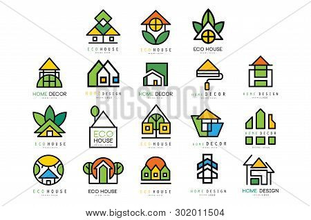 Vector Set Of Original Logos With Eco Friendly Houses. Ecological Construction. Linear Emblems For O