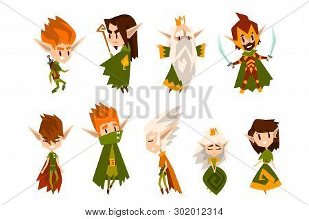 Forest Elves Set, Fairytale Magic Characters In Green Clothes Vector Illustrations On A White Backgr