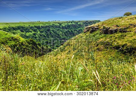Jewish Easter in Israel. Spring blooming Golan Heights - a mountain plateau of volcanic origin. Holiday. The concept of ecological, active and photo tourism