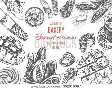 Vector Illustration Sketch. Bread, Loaf, Baguette, Focaccia, Pizza. Italian Bakery House.
