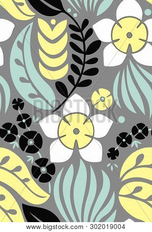 Seamless Pattern With Creative Decorative Flowers In Scandinavian Style. Nordic Style. Great For Fab