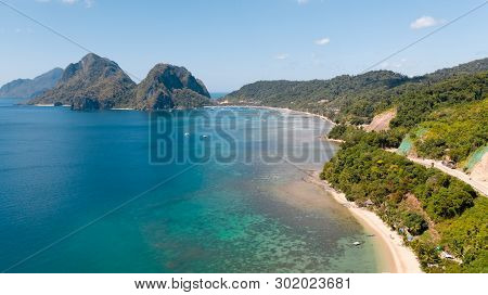 Corong Corong Beach, El Nido, Palawan, Philippines, View From Above.high Islands And Lagoon With A C