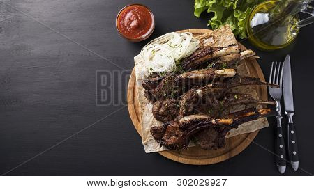 Grilled Lamb Meat.  Fried Edges Of A Lamb. Copyspace. Top View