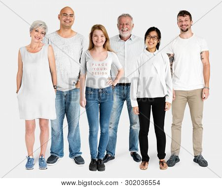 Cheerful diverse people wearing shirt mockups