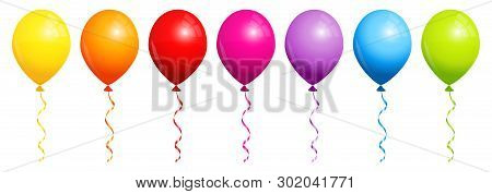 Set Of Seven Flying Helium Balloons Rainbow Color