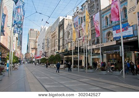 Melbourne, Australia - July 26, 2018: Tram Way And Shared Footpath On Bourke Street In Melbourne Aus