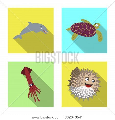 Vector Design Of Sea And Animal Sign. Set Of Sea And Marine Vector Icon For Stock.