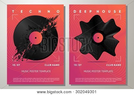Electro Party Poster With Vinyl Record. Music Festival Flyer Template With Abstract Element. Night C
