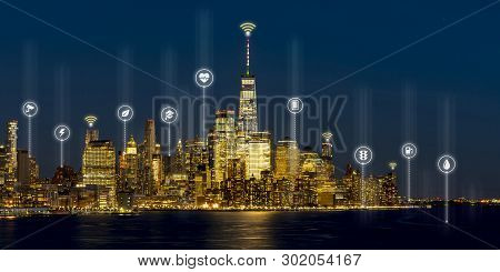 Beautiful Scenic Night View Of New York, Manhattan, Usa In Smart City Service Icon, Internet Of Thin