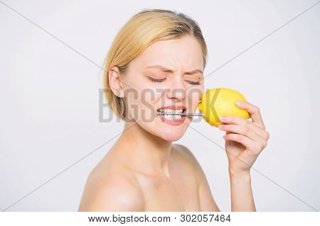 Lemon With Hobnail Natural Battery. Healthy Lifestyle. Woman Hobnail Mouth. Natural Energy. Vitamin 
