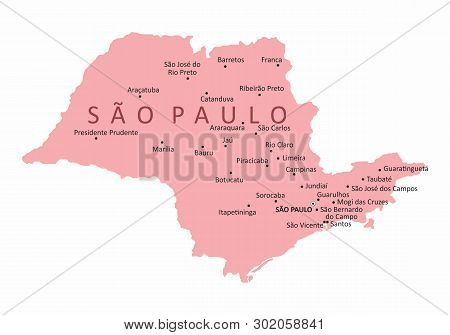 Sao Paulo State Map Illustration With The Main Cities, Brazil