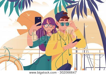 Young Man And Woman Couple With Mobile Phone, Glasses And Summer Clothes Makes Photo. Concept Friend