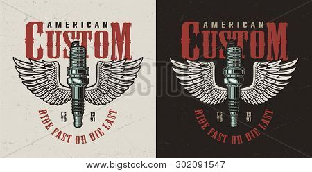 Motorcycle Maintenance Service Colorful Print With Winged Spark Plug In Vintage Style Isolated Vecto