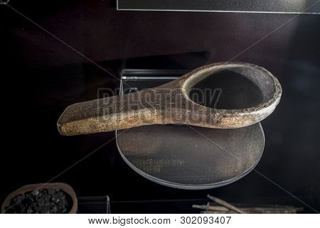 Cabra, Spain - May 19th, 2019: Lascaux Red Sandstone Lamp, The First Lamp To Be Recognised As Such. 