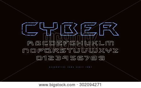 Hollow Extended Sans Serif Font In Cyber Style. Letters And Numbers With Vintage Texture For Sci-fi,
