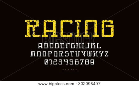 Monospaced Slab Serif Font In Cyber Style. Letters And Numbers With Rough Texture For Sci-fi, Sport 