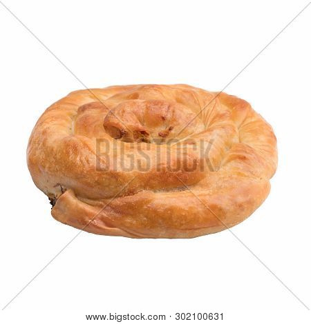 Placinta Cake Filled With A Soft Cheese. Isolated On A White Background.