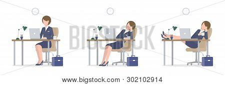 Business Woman Sitting At The Table And Using A Laptop. Tired Girl Drinks Coffee At Work At Lunch Ti