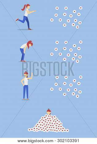 Young Woman Running For Likes Notifications. Girl Addicted To Social Media And Network. Flat Vector 