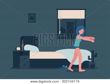 Young Girl Walks At Night In A Dream. Woman Is Sleepwalking. Flat Vector Illustration.