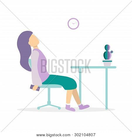 Professional Burnout. Young Exhausted Woman Sitting At The Office. Long Working Day. Flat Vector Ill