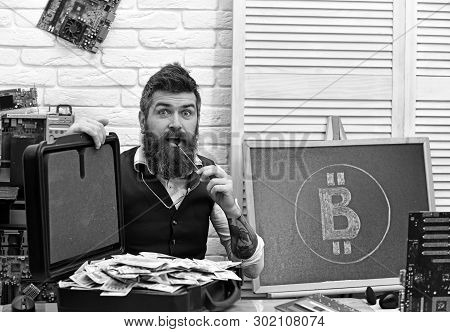 Beyond His Wildest Imagination. Bearded Hipster With Bitcoin Symbol And Dollars. Business Man In Ser