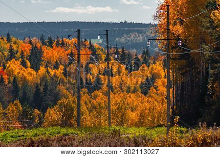 The Power Line Going Through The Autumn Wood, Mari El, Russia