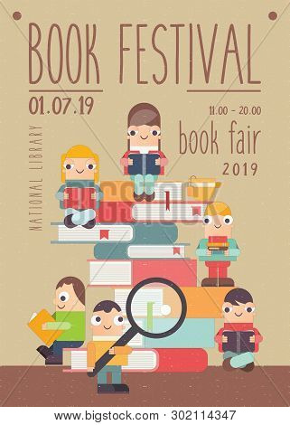 Poster For Book Festival, Fair, Reading Challenge. Small Cartoon People Reading And Sitting On Books